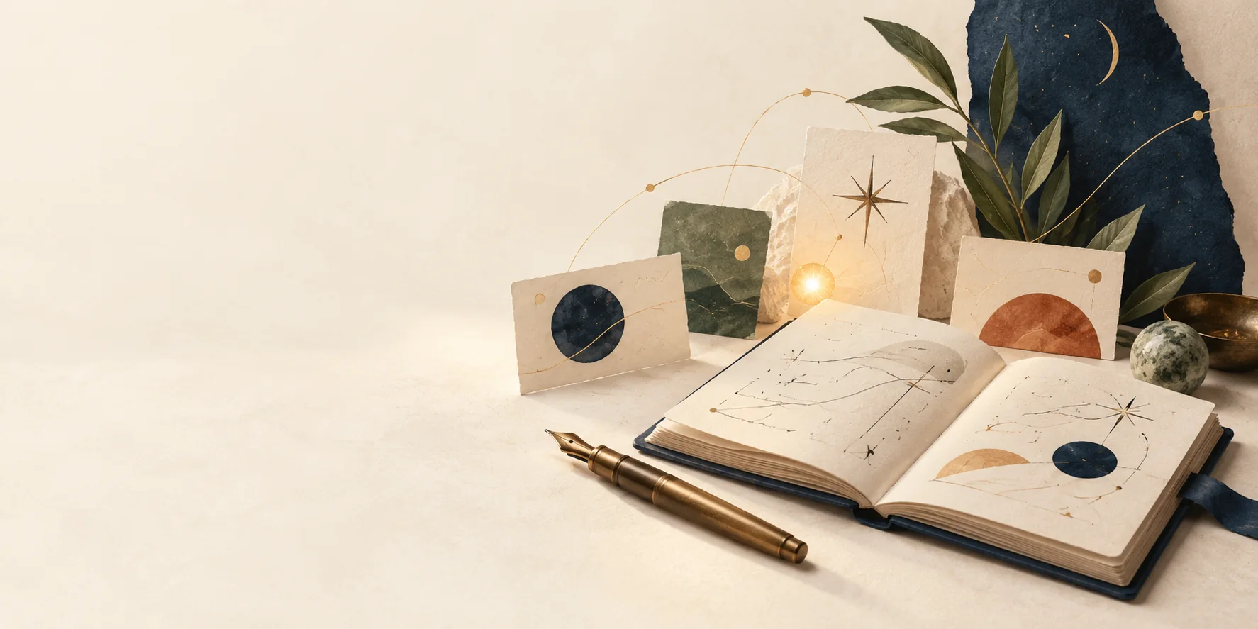 Caderno aberto, cartões abstratos e caneta em uma mesa criativa